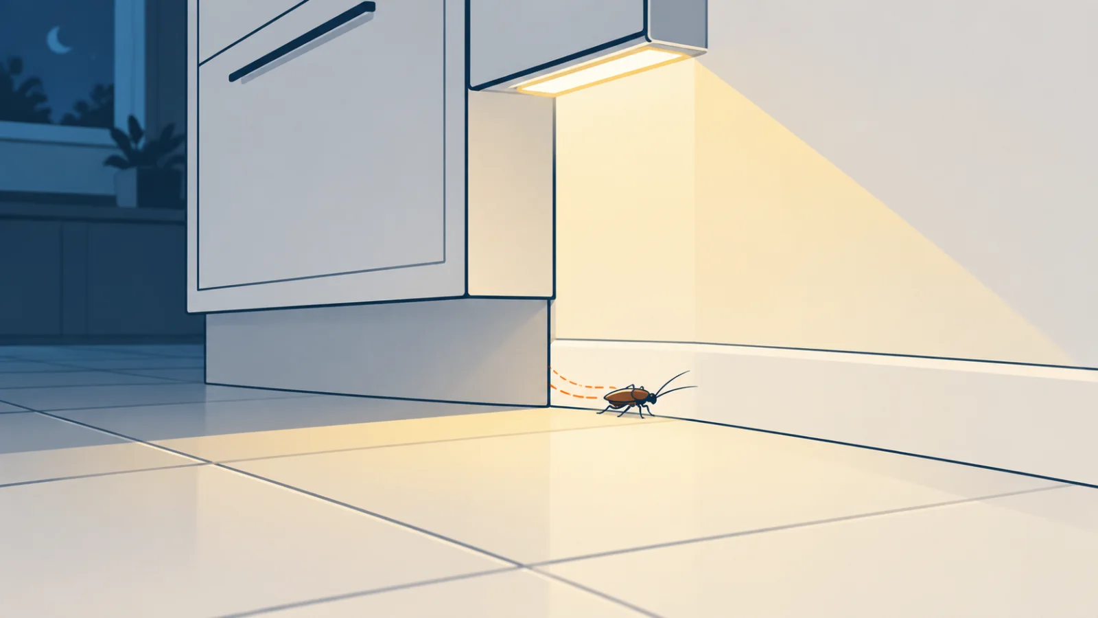Une blatte longe la plinthe d’une cuisine dans le faisceau d’une lampe allumée la nuit