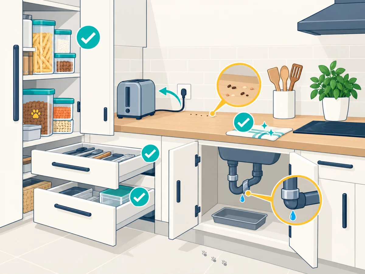 Cuisine préparée contre les souris : aliments protégés, tiroirs accessibles et indices préservés