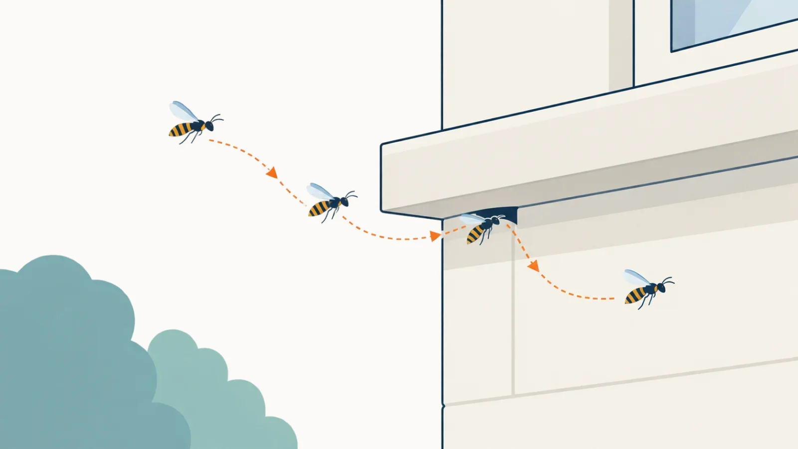 Des guêpes entrent et sortent par un même interstice de façade