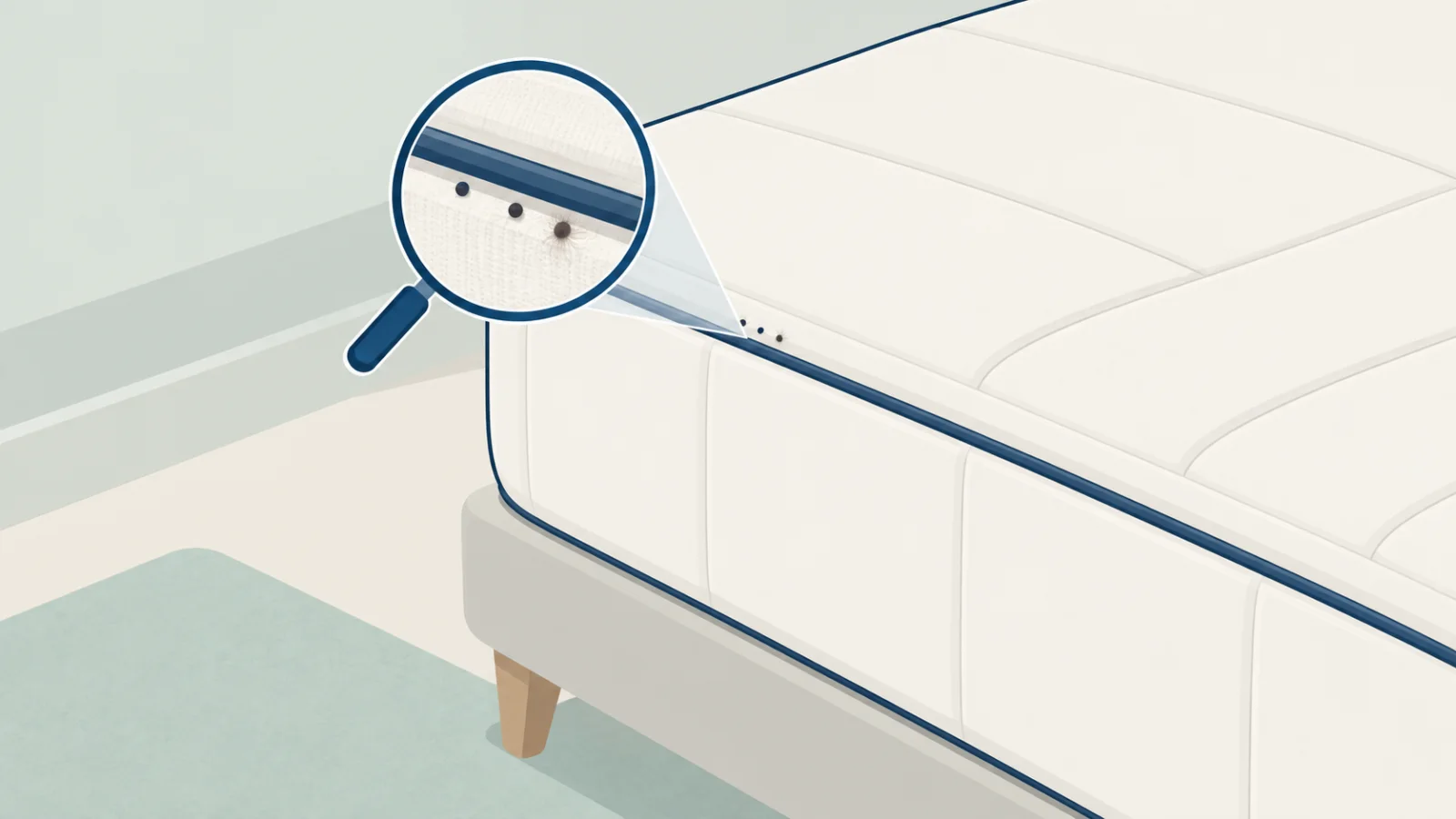 Points noirs de déjections sur la couture d’un matelas, observés à la loupe