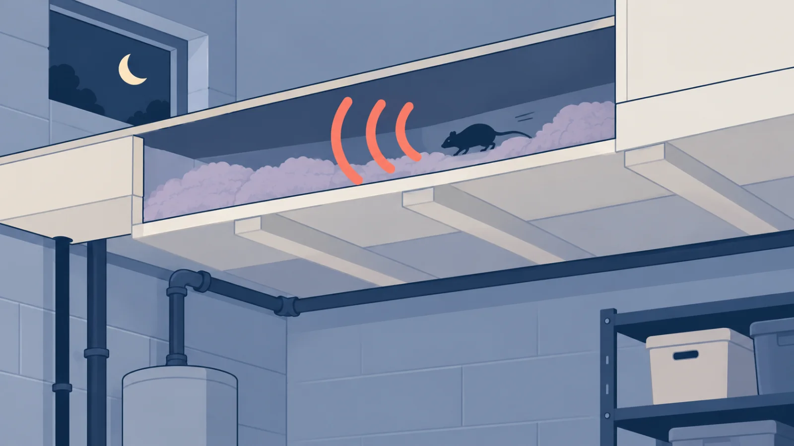 Rat circulant dans un faux plafond, à l’origine des bruits entendus la nuit