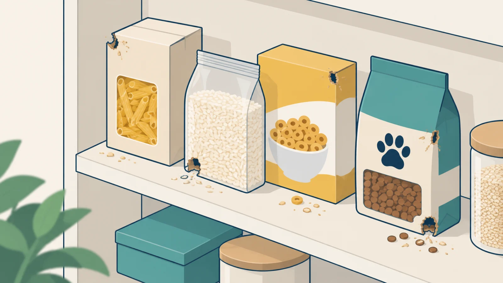 Paquets de pâtes, riz, céréales et croquettes percés sur un angle, miettes répandues sur l’étagère