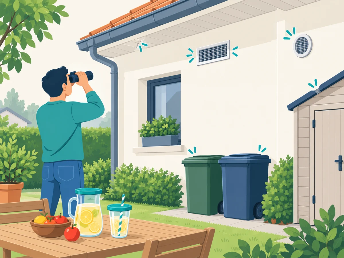 Prévention avec aérations protégées, poubelles fermées et inspection des avancées de toit