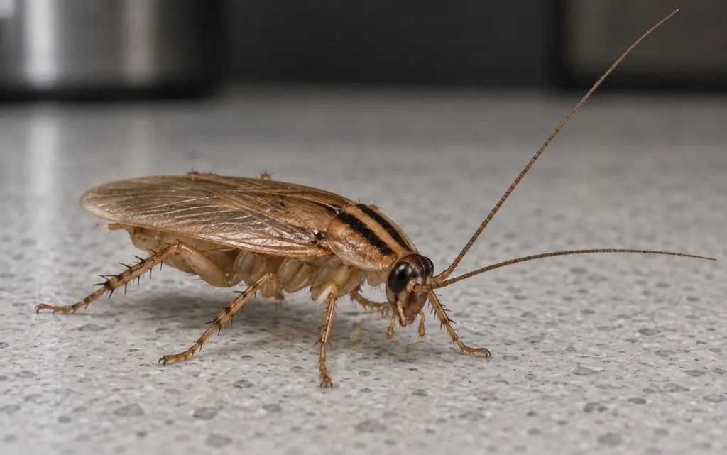 Blatte germanique adulte, reconnaissable aux deux bandes sombres derrière la tête