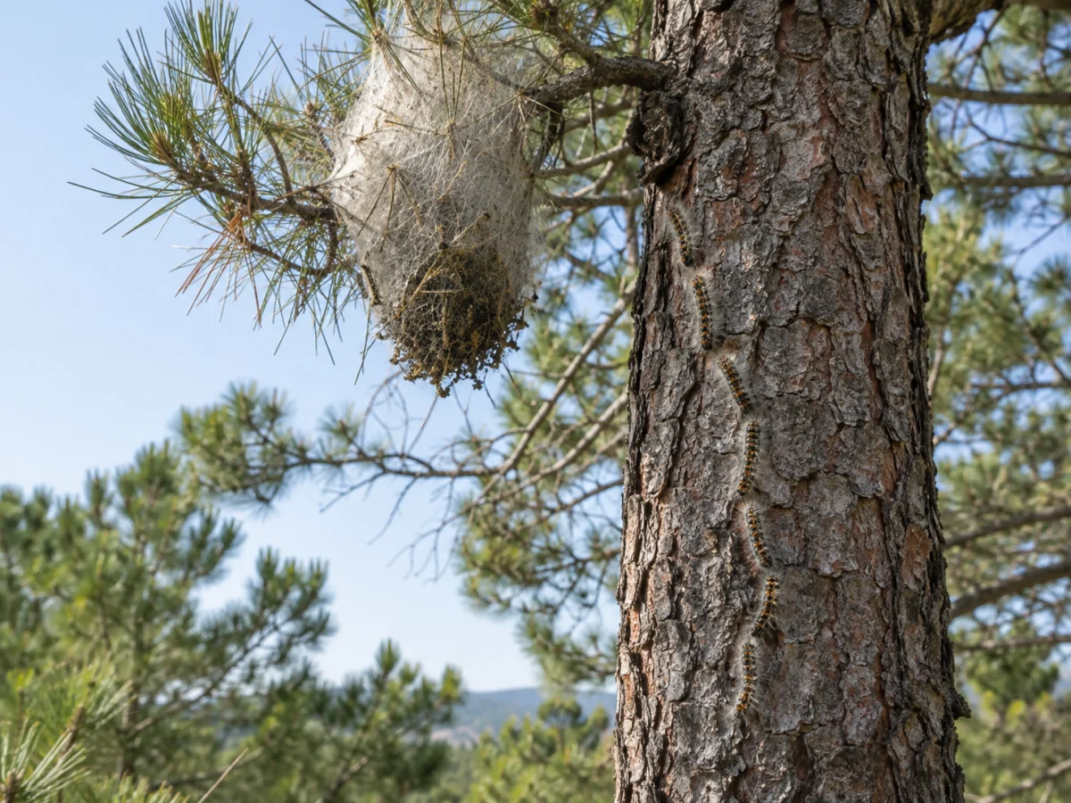 Nid cotonneux de chenilles processionnaires et procession le long d’un tronc de pin