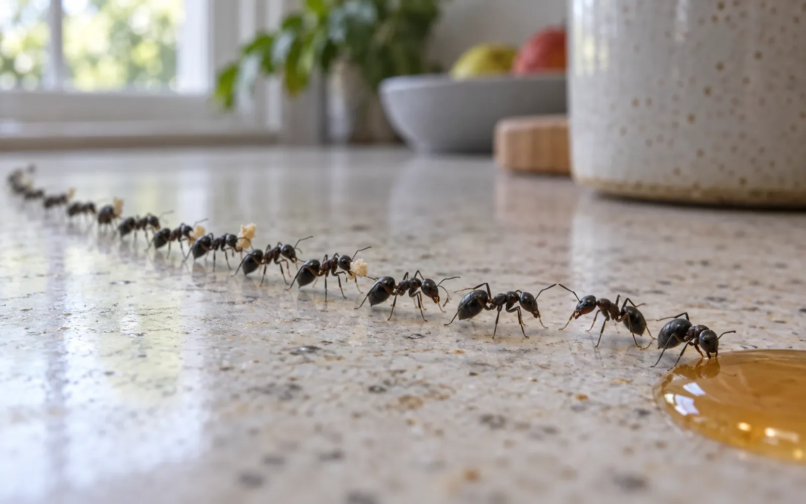 File de fourmis noires sur un plan de travail