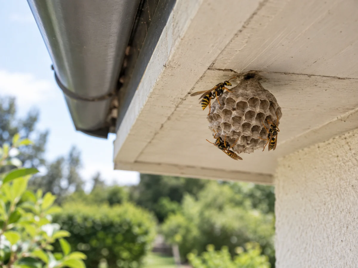 Nid de guêpes en alvéoles sous une avancée de toiture