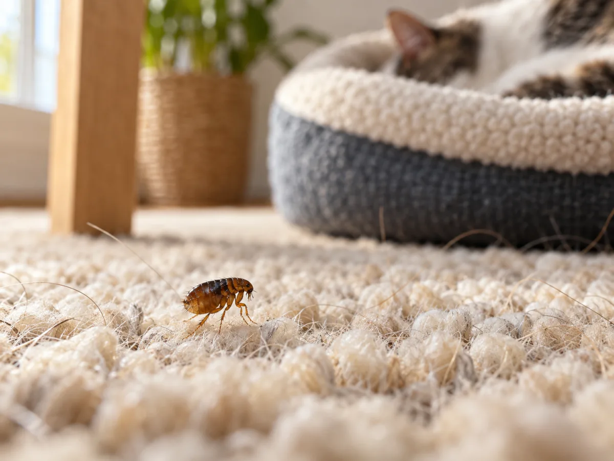 Puce dans les fibres d’un tapis près d’un panier pour chat