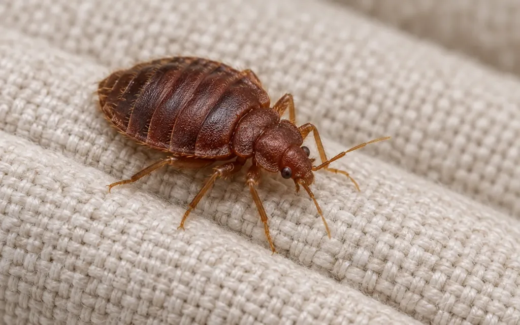 Punaise de lit adulte (Cimex lectularius) sur un tissu de matelas