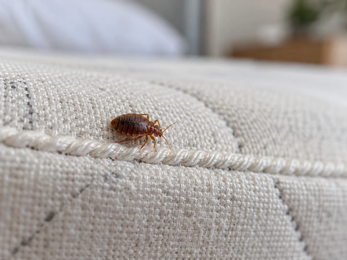 Punaise de lit adulte sur la couture d’un matelas clair