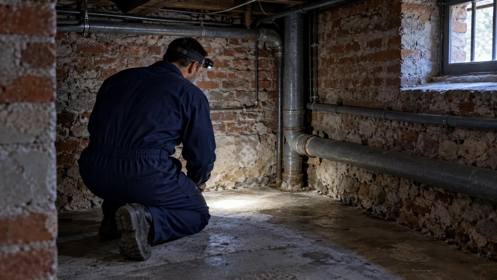 Inspection à la lampe d’une cave voûtée à la recherche de trajets de rongeurs