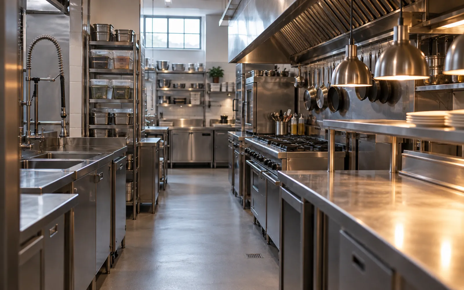Cuisine de restaurant professionnelle en inox, rangée entre deux services