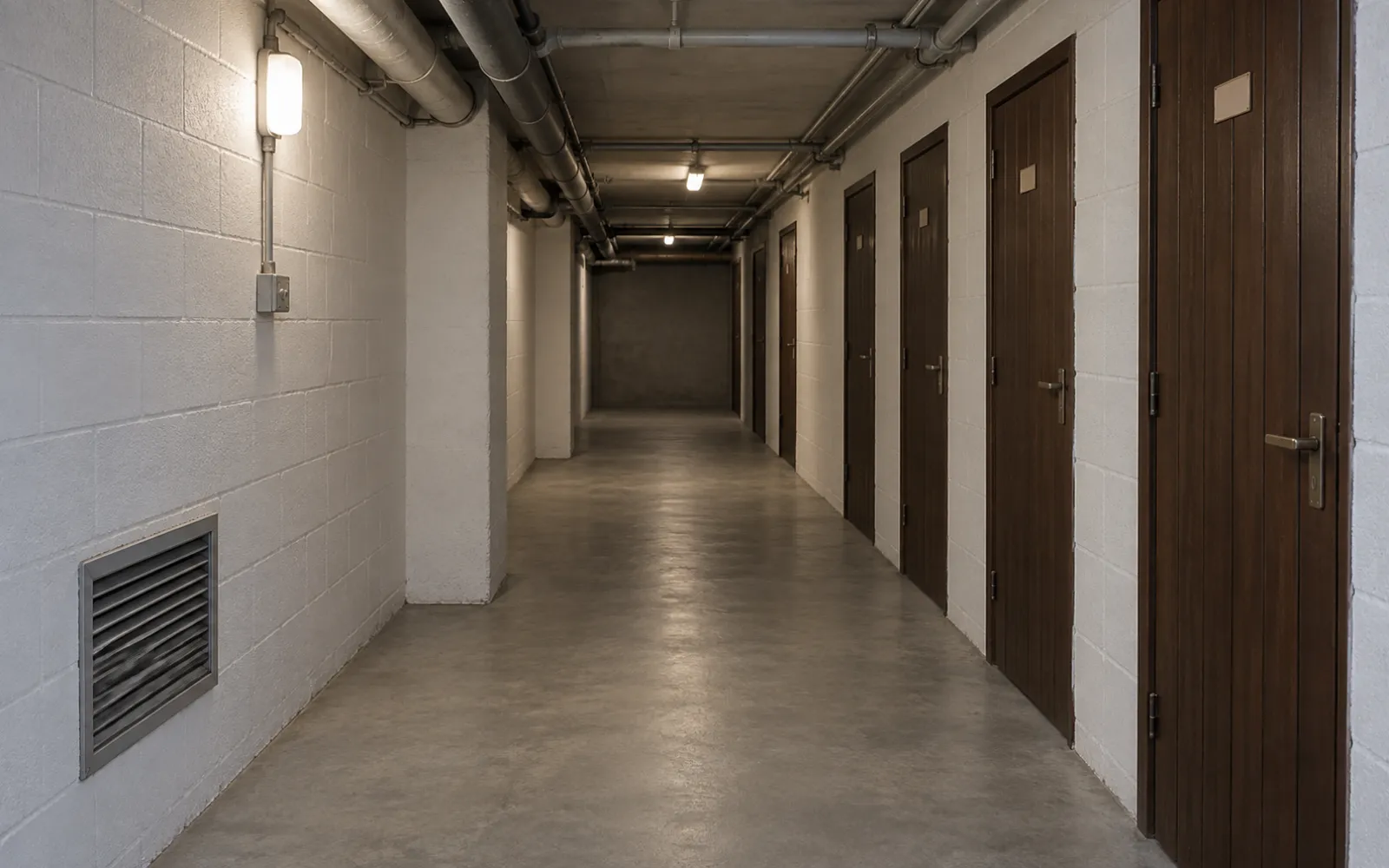 Couloir de caves d’un immeuble d’habitation avec ses gaines techniques