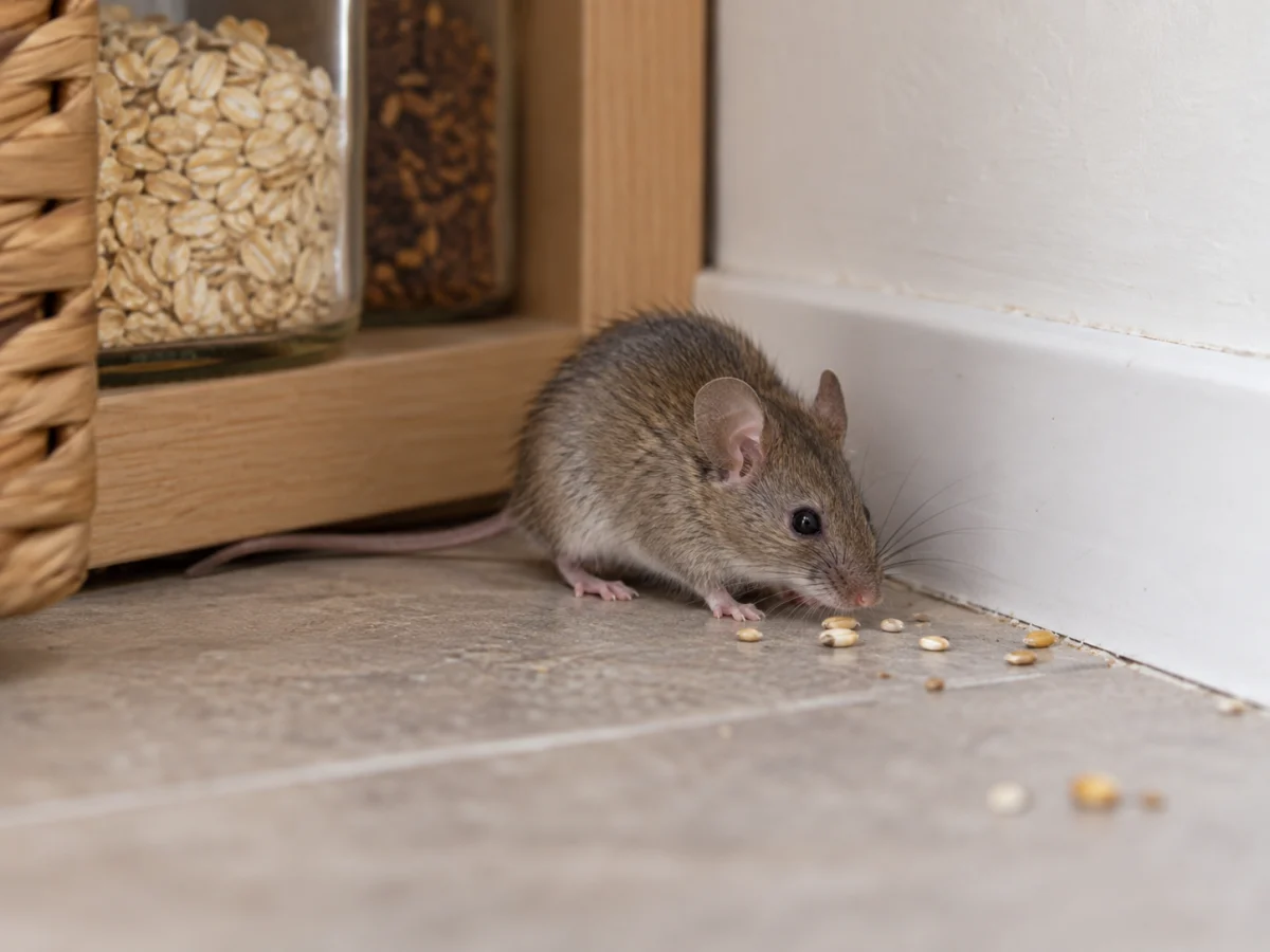 Souris grise le long d’une plinthe, près de graines répandues