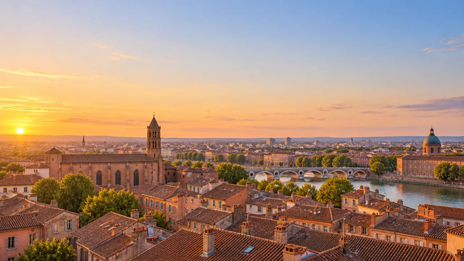 Vue de Toulouse et de ses toitures en tuile au coucher du soleil